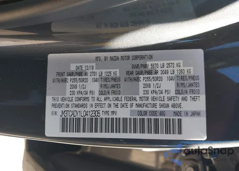 2020 Mazda Cx-9 Grand Touring z USA, uszkodzony, nr VIN JM3TCADY1L0412305